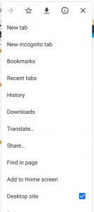 Screenshot of the Chrome mobile app menu showing the desktop site option ticked.