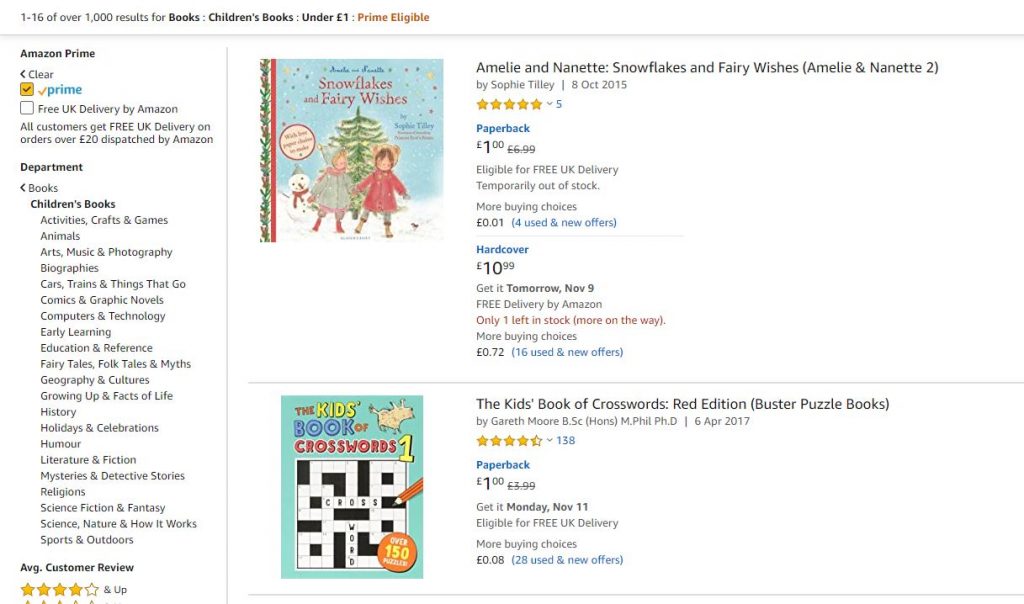 Screenshot of Amazon search results for kids books under £1