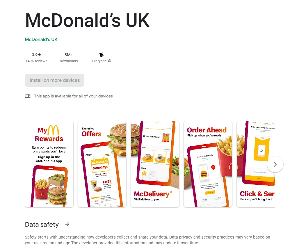 screenshot of mcdonalds app