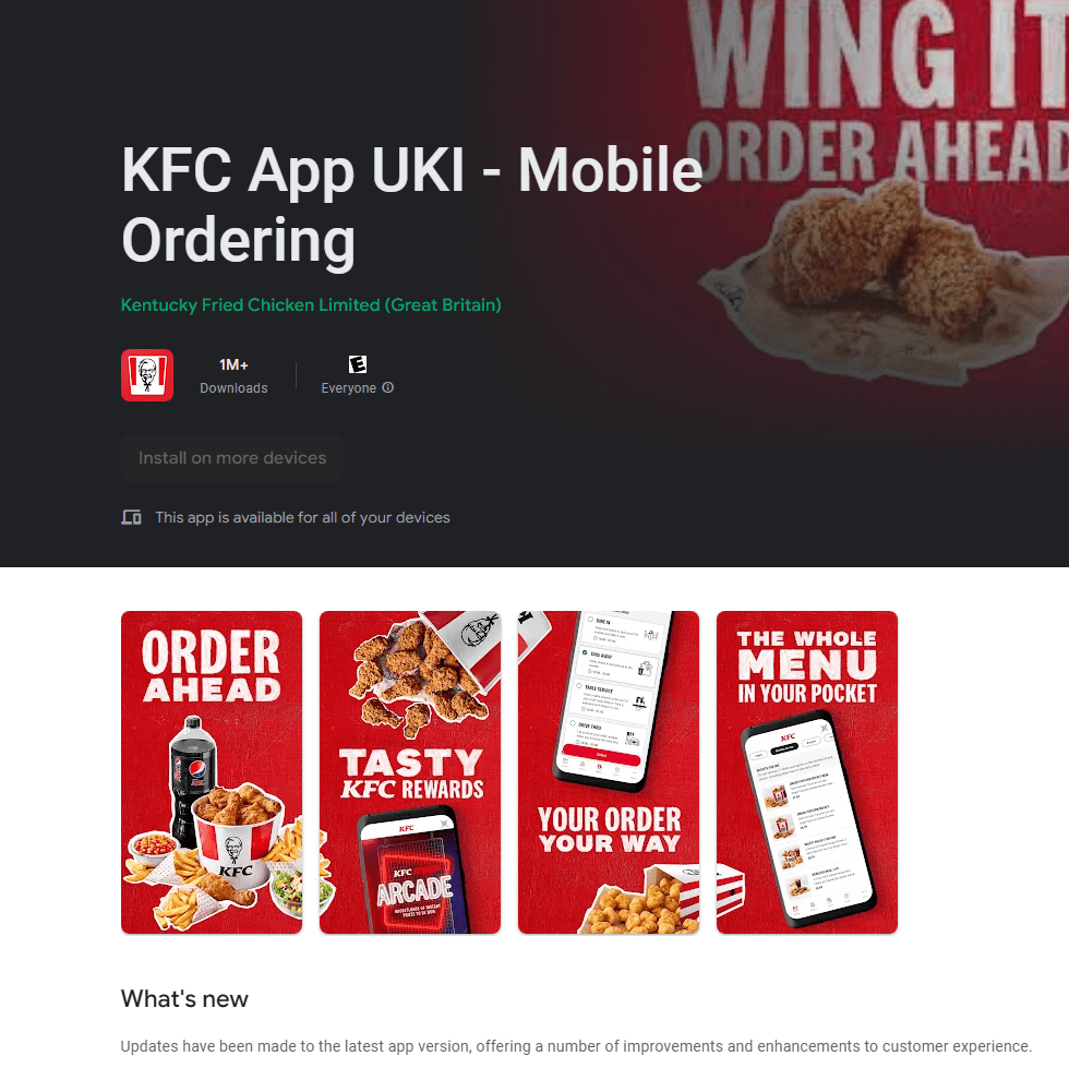 screenshot of kfc app