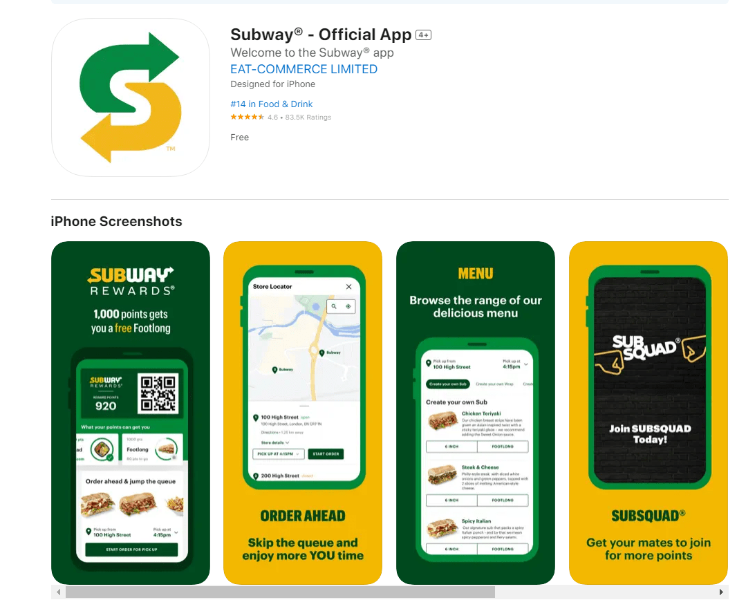 screenshot of subway app