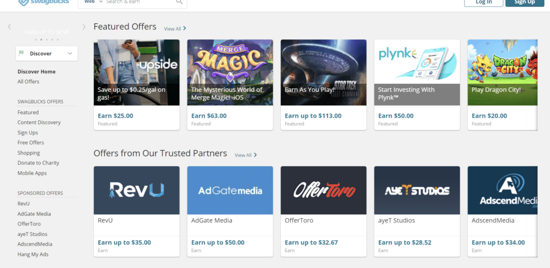 Screenshot of Swagbucks showing featured offers such as earn up to $50 from Plynk. 
