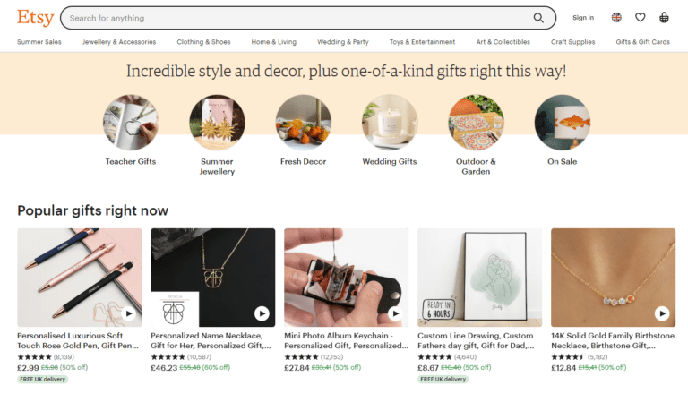 Screenshot of Etsy homepage